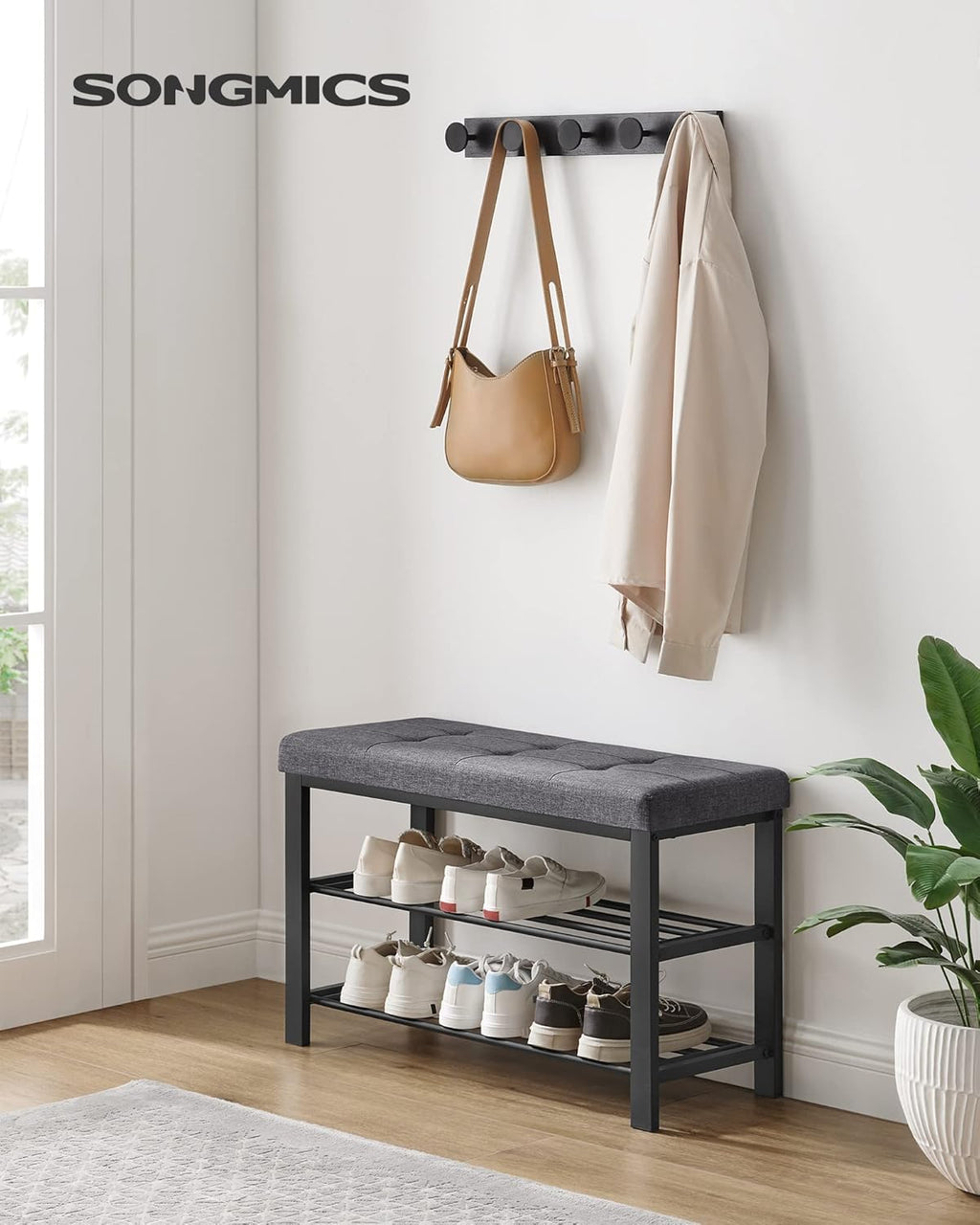 SONGMICS Shoe Bench, Storage Bench, Entryway Bench with Cushion, Shoe Shelf with Seat, Space-Saving, Modern Style, for Living Room, Bedroom, Hallway, Dark Gray and Ink Black ULBS57GYZ