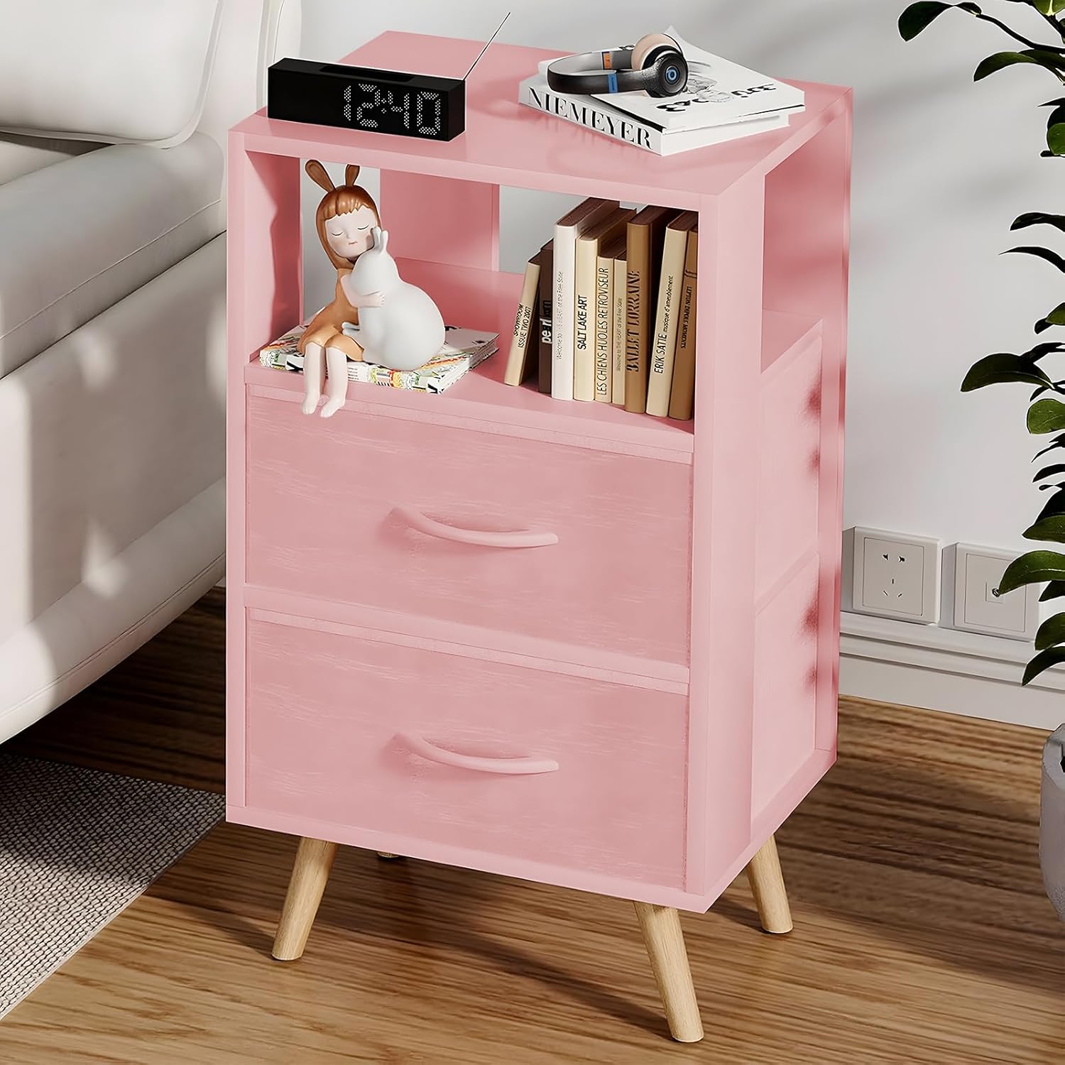 Aenuert Night Stand, Pink Nightstand with 2 Fabric Drawers, Wooden Side Table with Open Storage, 3-Tier Modern End Table, Bedside Table for Small Space, Living Room, Bedroom