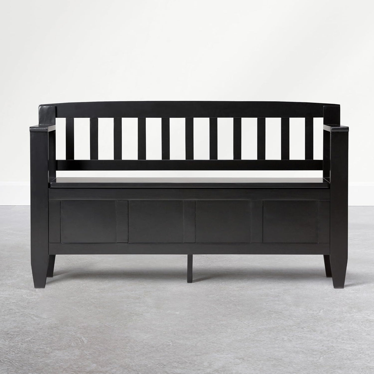SIMPLIHOME Brooklyn Entryway Storage Bench - 48 inch Wide Solid Wood Storage Seat in Deep Black, Contemporary Bench for Entryway or Living Room with Lift-Up Lid and Slatted Backrest