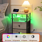 AMHANCIBLE Nightstands Set of 2 with Charging Station and LED Lights | Large Bedside Tables with USB Ports and AC Outlets, 2 Fabric Drawers, Modern Night Stand for Bedroom, Grey