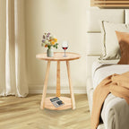 Small Round Side Table, 2-Tier End Table with Storage Shelf, Modern Couch Bedside Table for Living Room Bedroom Apartment Office (Burlywood)