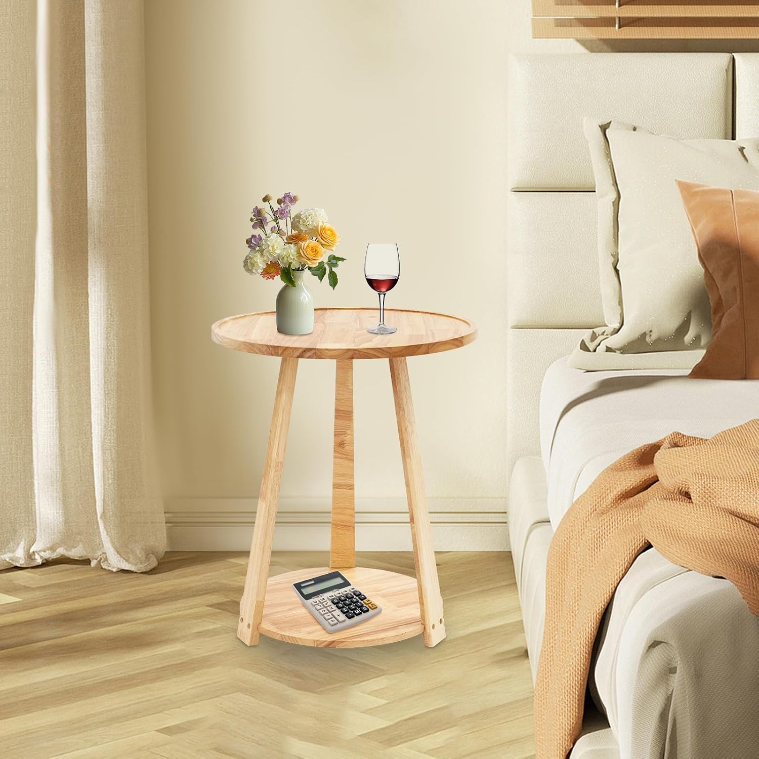 Small Round Side Table, 2-Tier End Table with Storage Shelf, Modern Couch Bedside Table for Living Room Bedroom Apartment Office (Burlywood)
