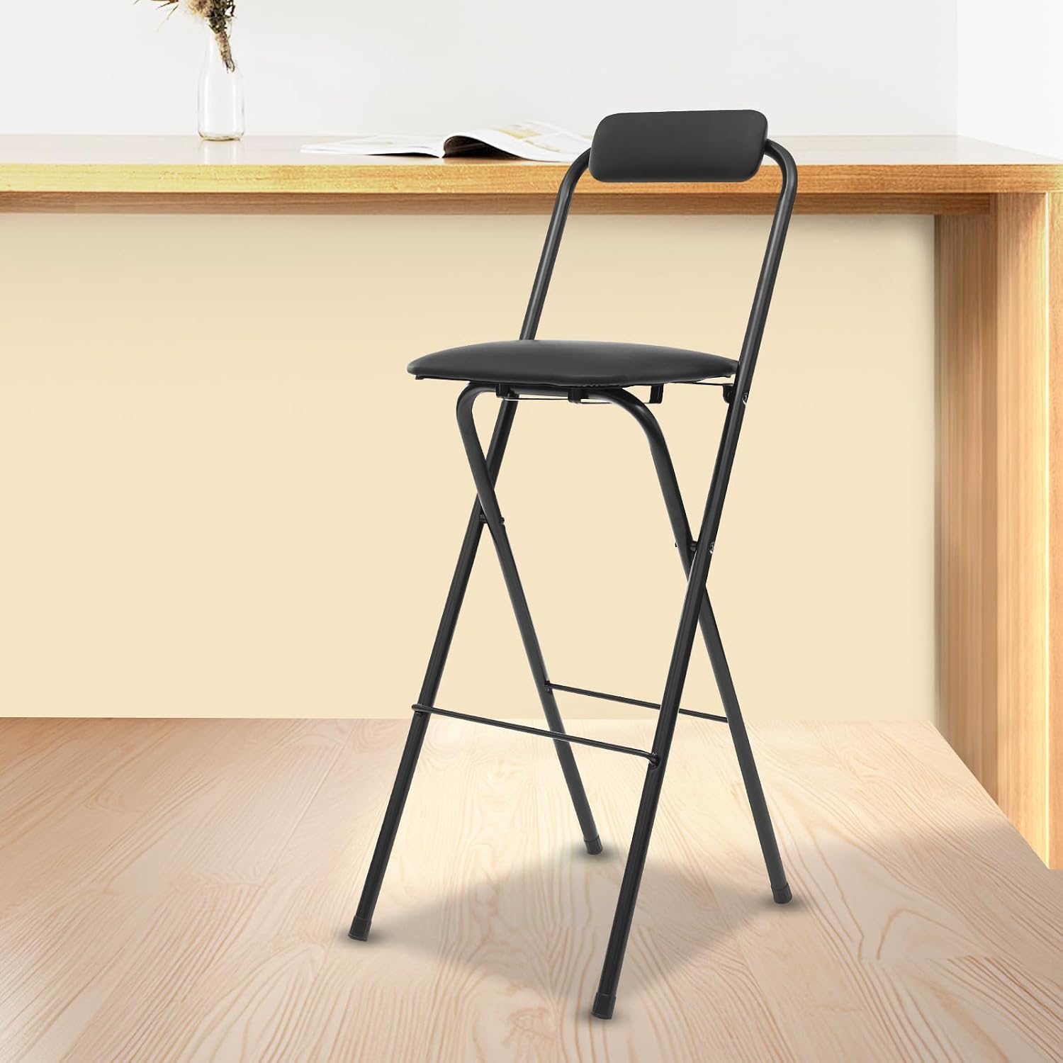 Folding Bar Stool with Back, 1 Pcs 27.6 Inch Tall Foldable Stool Chair Portable High Folding Bar Chair Counter Height Seat Leather Padded for Kitchen Shop Cafe Dining Room