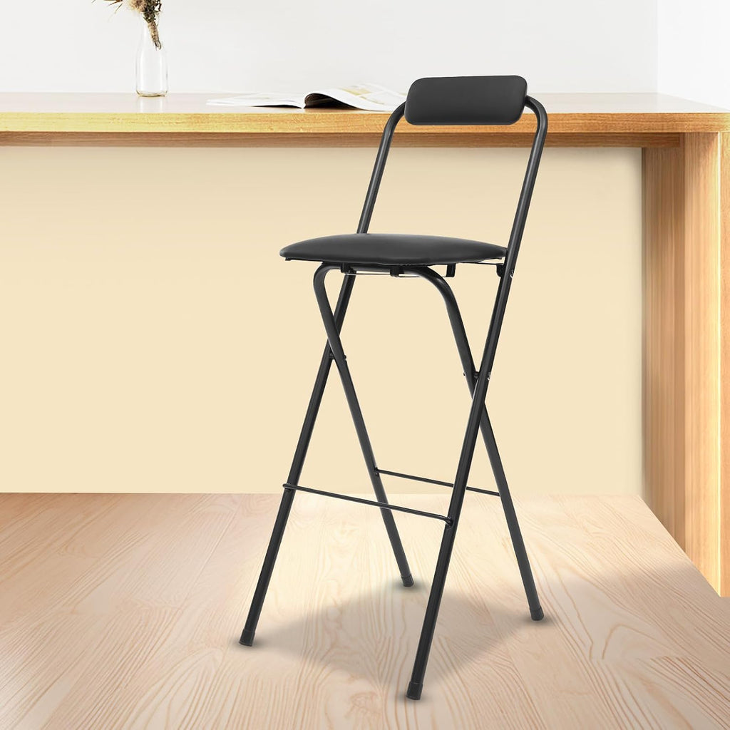1 Pcs Folding Bar Stools, 29.5 Inch Portable Tall Chairs with Backrest, Carbon Steel Frame and PU Padded Seat for Kitchen, Cafe, Living Room, Camping (Black-2)