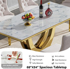 68" Marble Dining Table Set for 6, Luxury White Gold Kitchen Table with 6 Grey Velvet Dining Chairs, Modern Fuax Marble 7-Piece Dining Room Table Set for 6 w/Stainless Steel U-Base
