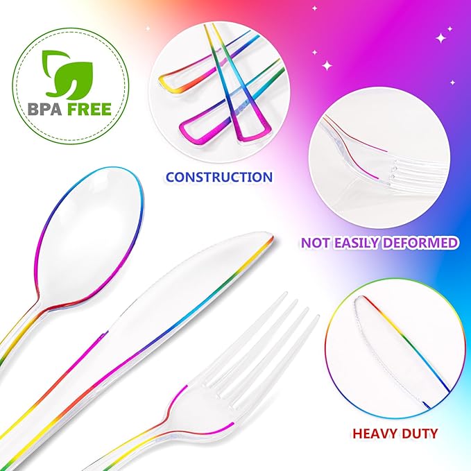 WDF 180 PCS Rainbow Plastic Silverware - Clear Colorful Cutlery Disposable Heavy Duty Include 60 Forks, 60 Knives and 60 Spoons - Colorful Disposable Utensils for Trolls Party/Birthday Party