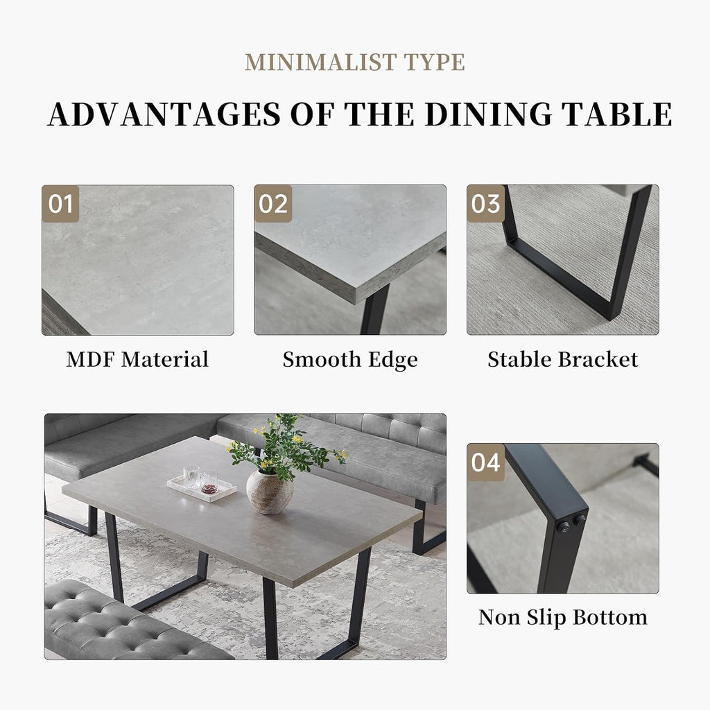 HIPIHOM Dining Table Set with Bench, Grey Table with Grey Right Seat Bench | 42.9 Inch MDF Tabletop with Corner sofa and 43.3 In Bench, Metal Legs for Family Dining Room Furniture, Apartment