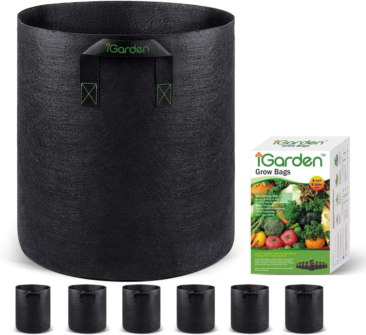 Grow Bags Tall, 5 Gallon Grow Pots 6 Pack with Handles, Heavy Duty 280G Thickened Nonwoven Fabric Plant Bag for Vegetables, Black