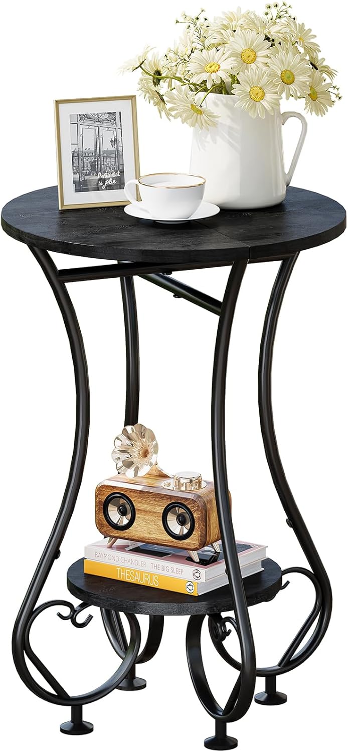 X-cosrack Small Round Side Table,Round End Table for Small Spaces - Black Metal Nightstand with Adjustable Feet,Couch Sofa Coffee Table,Retro Accent Table for Living Room Bedroom Balcony