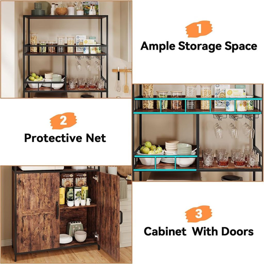 71" Tall Bar Cabinet with Wine Rack & Storage Shelves, 3-Tier Freestanding Backers Rack with Barn Door, Metal Structure Coffee Bar Table for Kitchen Dining Room, Retro Color