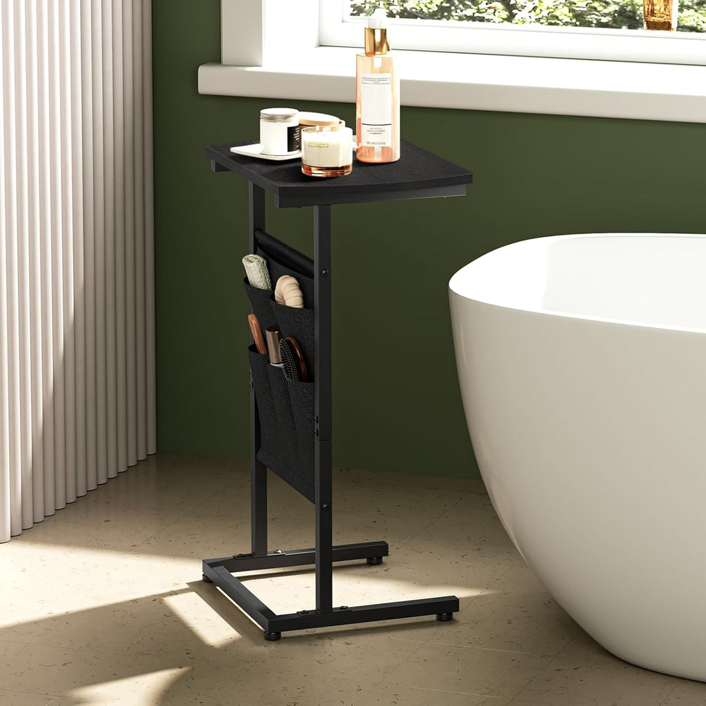 HOOBRO C Shaped End Table, 28.3" Side Table for Small Spaces, Couch Table with Storage Bag, Slide Under Sofa Side Table, for Living Room, Bedroom, Black BB40SF01