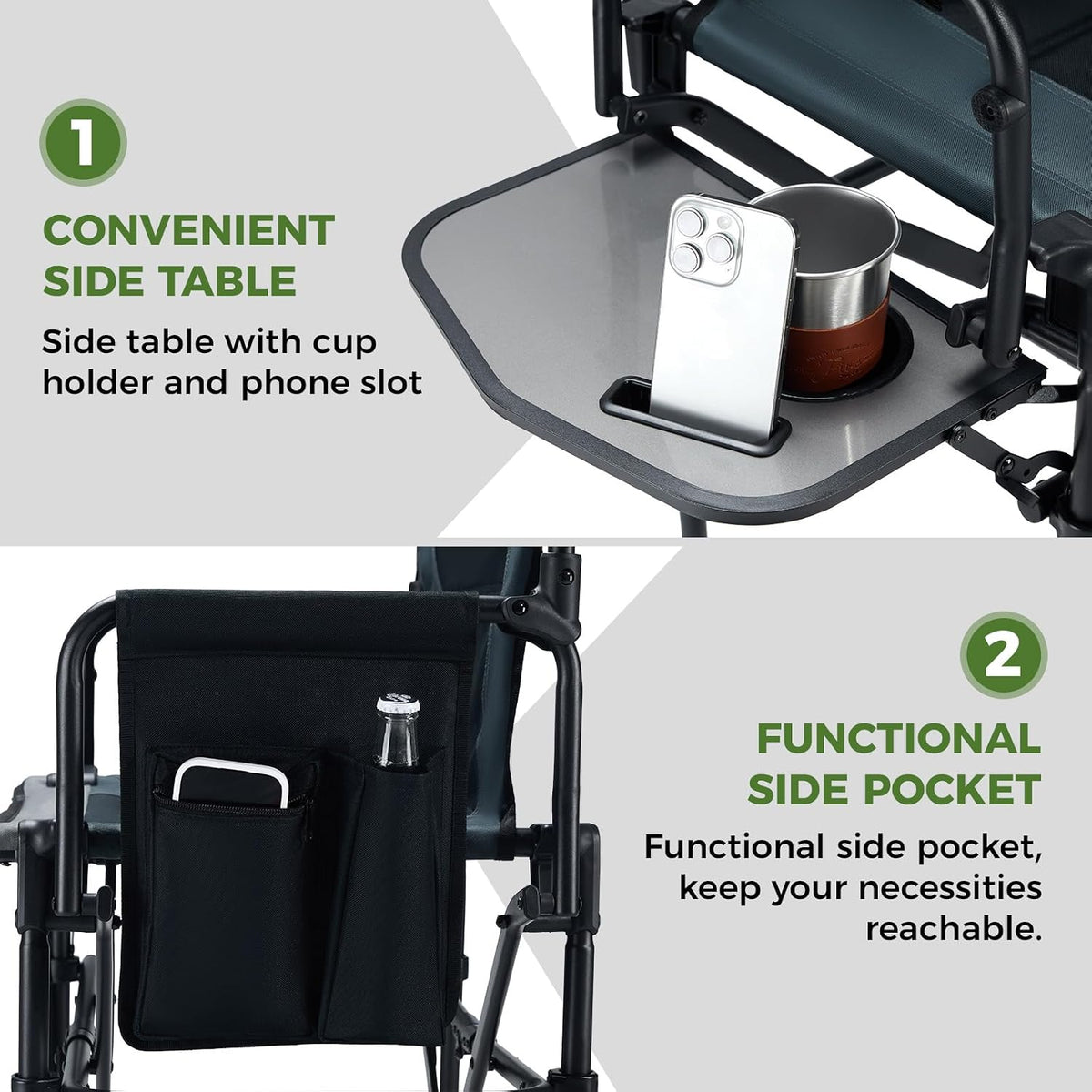 EVER ADVANCED Portable 30.7" Seat Height Tall Folding Camping Chair Directors Chair High Foldable Bar Stool with Side Table for Makeup Artist, Sports Event, Craft Show, Supports 350LBS