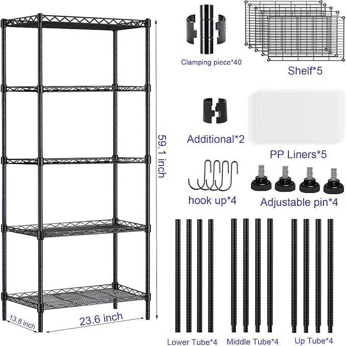 5 Tier Shelves Storage, Wire Shelf Unit, Standing Adjustable Metal Shelves Organizer, Storage Racks for Restaurant Garage Pantry Kitchen Garage23.6" x 13.8" x 59"