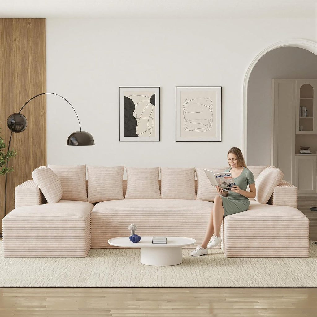 ONEMMLION 131" Oversized Cloud Couch Sofa with Chaise, Beige | Corduroy, U-Shaped Modular Sectional Couch for Living Room, Memory Foam, 19" Comfort-Height Seating, Deep Seat, Wide Armrest