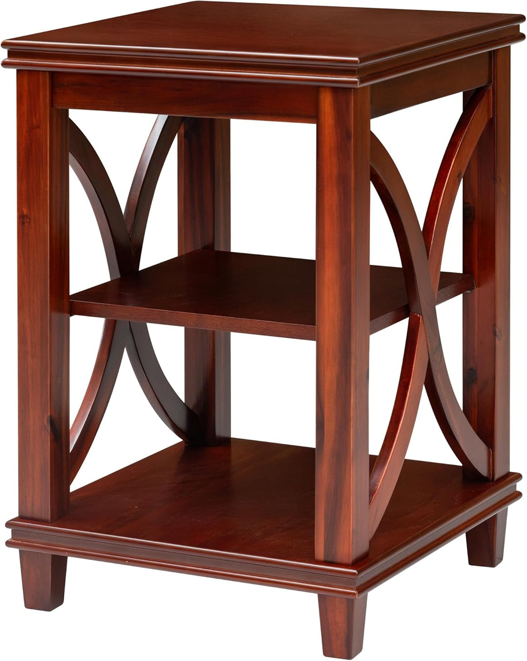 eHemco Solid Wood Square End Table with Storage Shelves, 3-Tier Accent Side Table with X-Design Panels, Compact Nightstand or Sofa Table for Living Room and Bedroom, Cherry Finish, 16 x 16 x 24 Inch