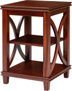 eHemco Solid Wood Square End Table with Storage Shelves, 3-Tier Accent Side Table with X-Design Panels, Compact Nightstand or Sofa Table for Living Room and Bedroom, Cherry Finish, 16 x 16 x 24 Inch