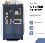 75" Tall Kitchen Pantry Cabinet, Freestanding Food Storage Cupboard, Modern Display Cabinet with Glass Doors and 4 Built-in Drawers, Storage Furniture for Kitchen, Living Room,Blue