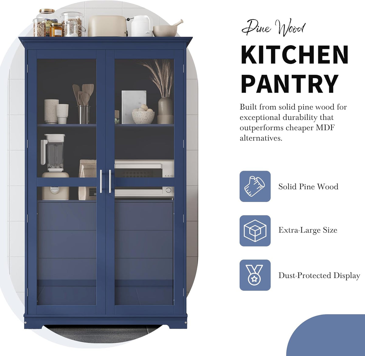 75" Tall Kitchen Pantry Cabinet, Freestanding Food Storage Cupboard, Modern Display Cabinet with Glass Doors and 4 Built-in Drawers, Storage Furniture for Kitchen, Living Room,Blue