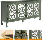 Fansafurn 63" Carved Buffet Cabinet with Mirrored Door, Modern Console Table with Storage and Adjustable Shelves, Wood Media Sideboard for Entryway, Living Room, Bedroom, Dining Room, Bathroom (Green)