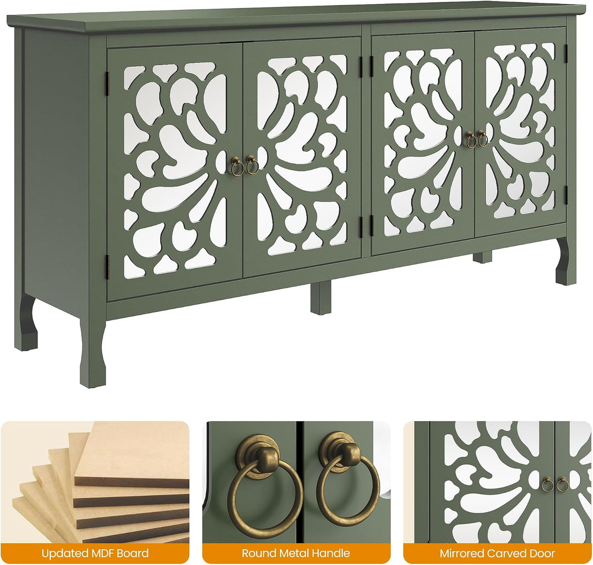 Fansafurn 63" Carved Buffet Cabinet with Mirrored Door, Modern Console Table with Storage and Adjustable Shelves, Wood Media Sideboard for Entryway, Living Room, Bedroom, Dining Room, Bathroom (Green)