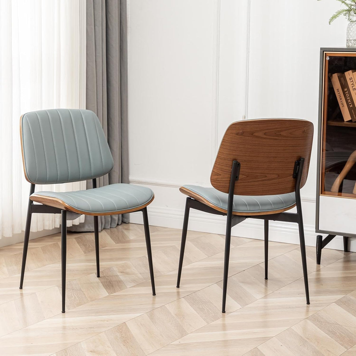 LUNLING Dining Room Chairs Mid Century Modern Retro Blue Faux Leather Chair with Walnut Bentwood Upholstered Seat Metal Legs Kitchen Chairs Adjustable Foot for Kitchen Dining Room,1PCS