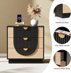 3 Drawer Nightstand with Charging Station, 28" Fluted Night Stand & Modern Bedside Table, Wood End Table Storage Cabinet for Bedroom Hallway, Entryway, Black Set of 2
