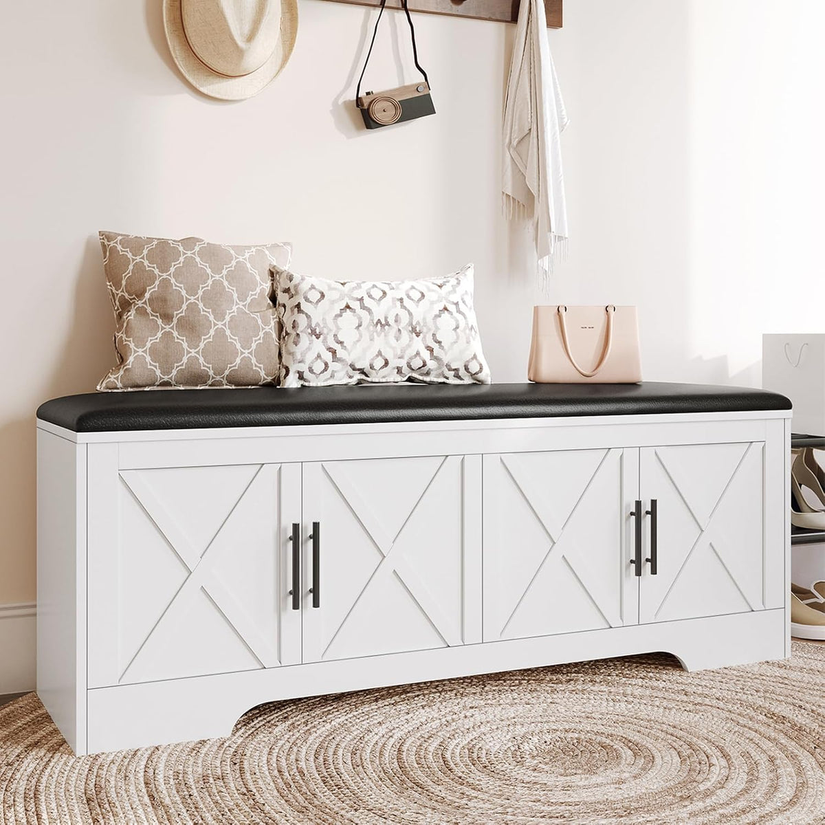 DreamDashio Storage Bench with Cushion, 47.2" End of Bed Storage Bench with Lift Top, Window Bench Seat with Storage for Bedroom, Mudroom, Entryway, Living Room & Hallway, White