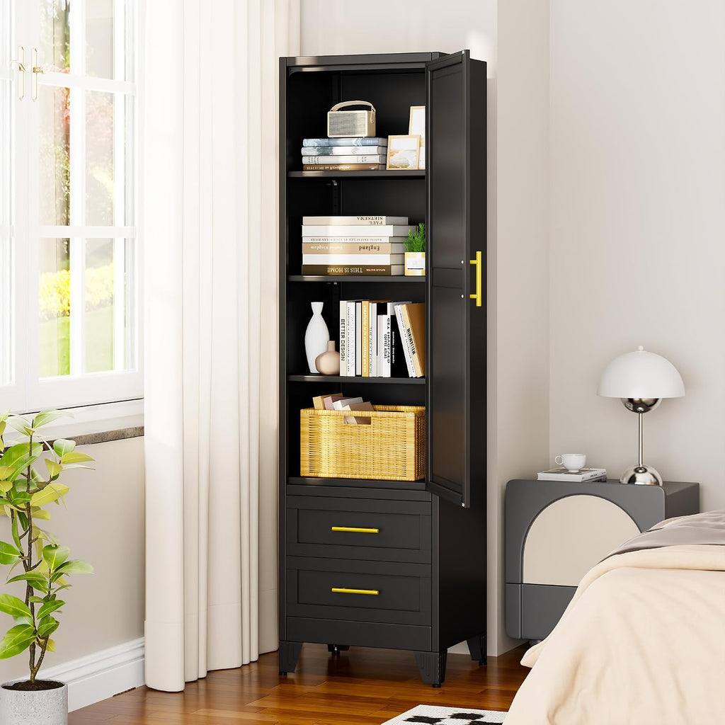 67" Tall Narrow Metal Storage Cabinet, Freestanding Pantry Organizer, Black | Slim Bathroom Cabinets with 2 Drawers & 3 Adjustable Shelves, Multi-Use Cupboard for Kitchen Office Living＆ Dining Room