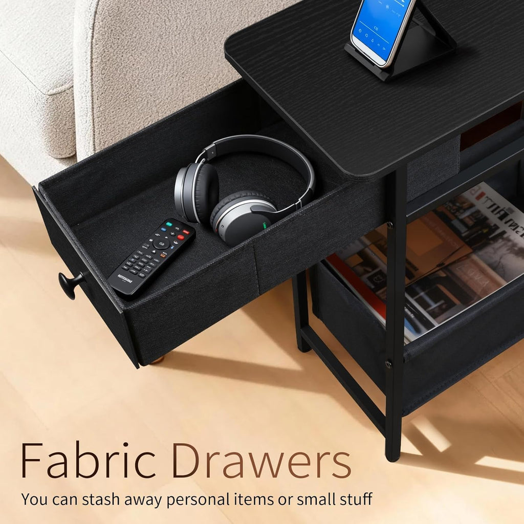 Long Narrow Side Tables Set of 2 with Charging Station, Slim Nightstand with Drawer and Fabric Basket, Skinny End Table for Living Room, Bedroom, Small Spaces, Black