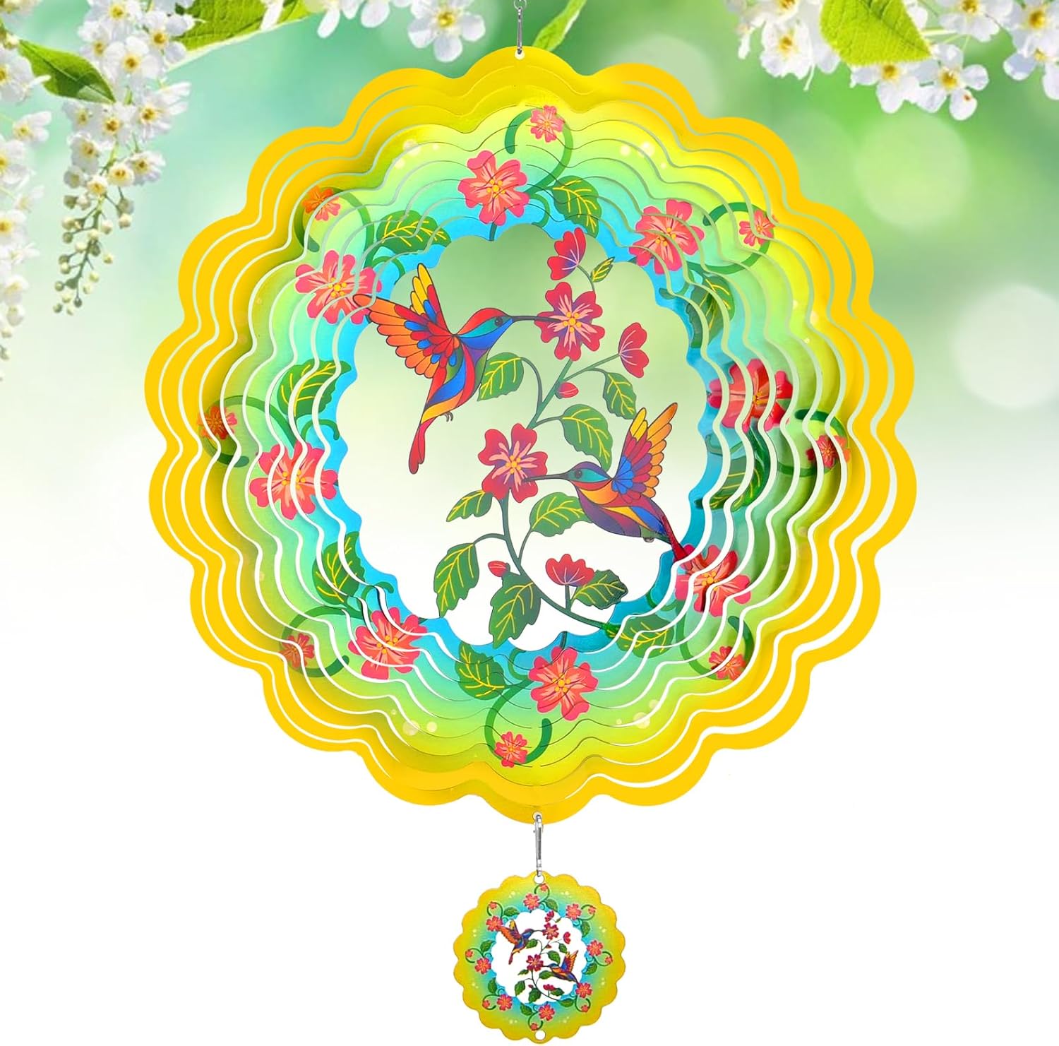 Wind Spinners - 12 Inches Large Hummingbird Wind Sculptures, 3D Reflective Metal Wind Spinner for Yard and Garden, Hummingbird Gifts for Daughter, Mom, Grandma's Birthday, Yellow Green