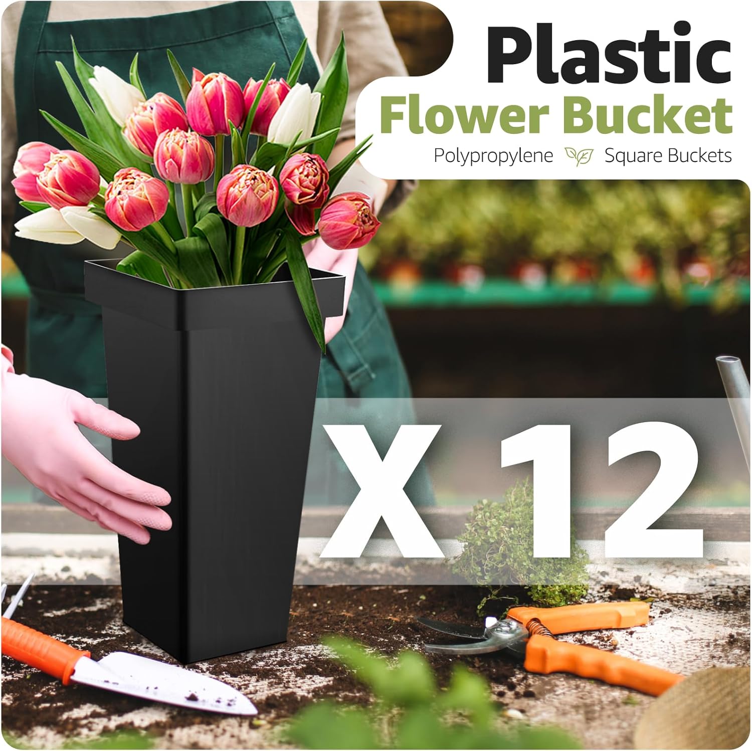 Flower Display Stand 3 Layers with Buckets, 12 PCS Buckets Plant Stand with Wheels, Movable Metal Plant Stand for Terrace Garden, Living Room, Florist Shop