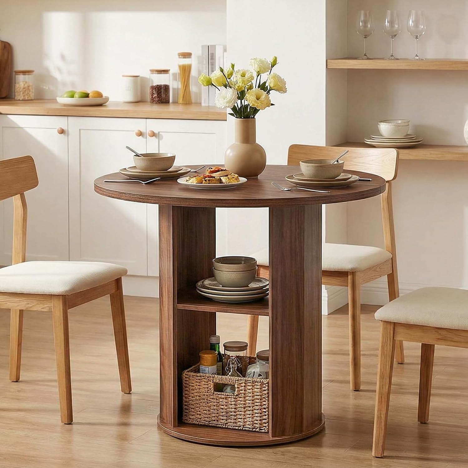 MAHANCRIS 31.5" Round Dining Table with Storage Shelf for 2-3, Circle Kitchen Dinner Table with Thick Tabletop, for Small Spaces, Circle Nook Table for Kitchen & Dining Room, Walnut DTWA8501