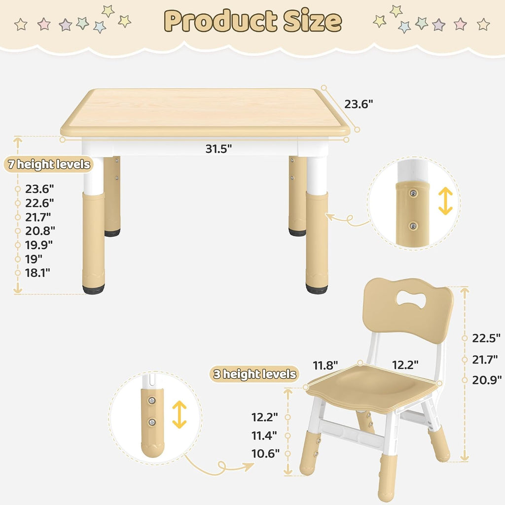 DOREROOM Adjustable Kids Table & 2 Chairs Set, 31.5" L x 23.6" W, Beige-W | Graffiti Desktop,Table Supports 300 lbs,Toddler Ages 2-8，FSC-certified, Children Activity Table for Daycare, Classroom, Home