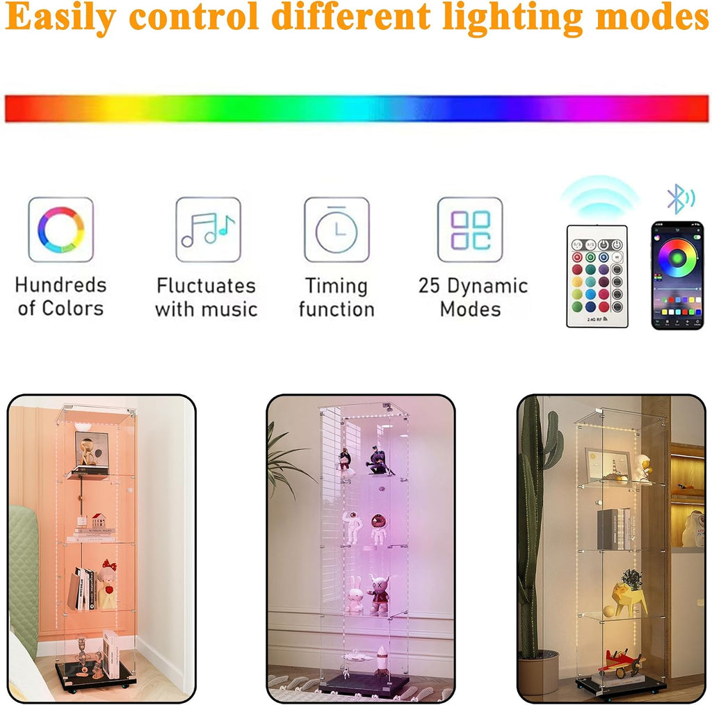 4-Shelf Glass Display Cabinet with LED Lights Strip and Lock, Curio Cabinets Display Case with Casters and 1 Door, Tempered Glass Display Showcase for Living Room,Exhibition Hall - Black