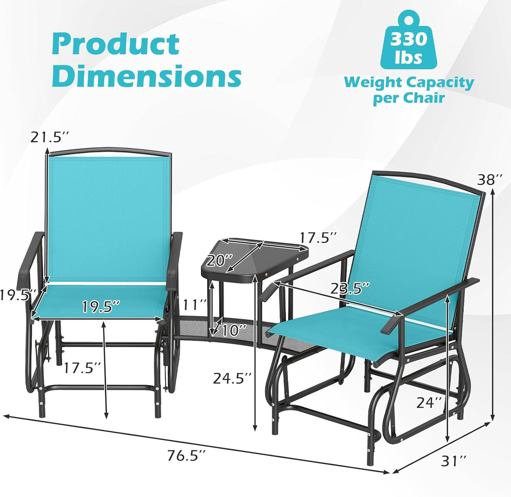 Tangkula 2-Seater Outdoor Glider Bench with 2-Tier Center Table (Turquoise) | Breathable Mesh Fabric Seat & Back, Footrest, Storage Shelf, Heavy-duty Metal Frame for Garden, Porch, Backyard