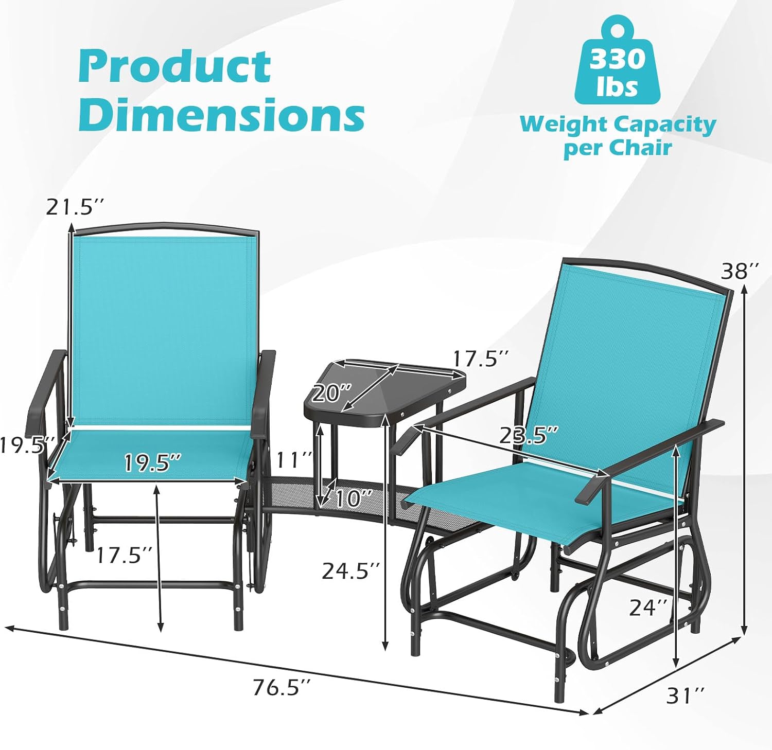 Tangkula 2-Seater Outdoor Glider Bench with 2-Tier Center Table (Turquoise) | Breathable Mesh Fabric Seat & Back, Footrest, Storage Shelf, Heavy-duty Metal Frame for Garden, Porch, Backyard