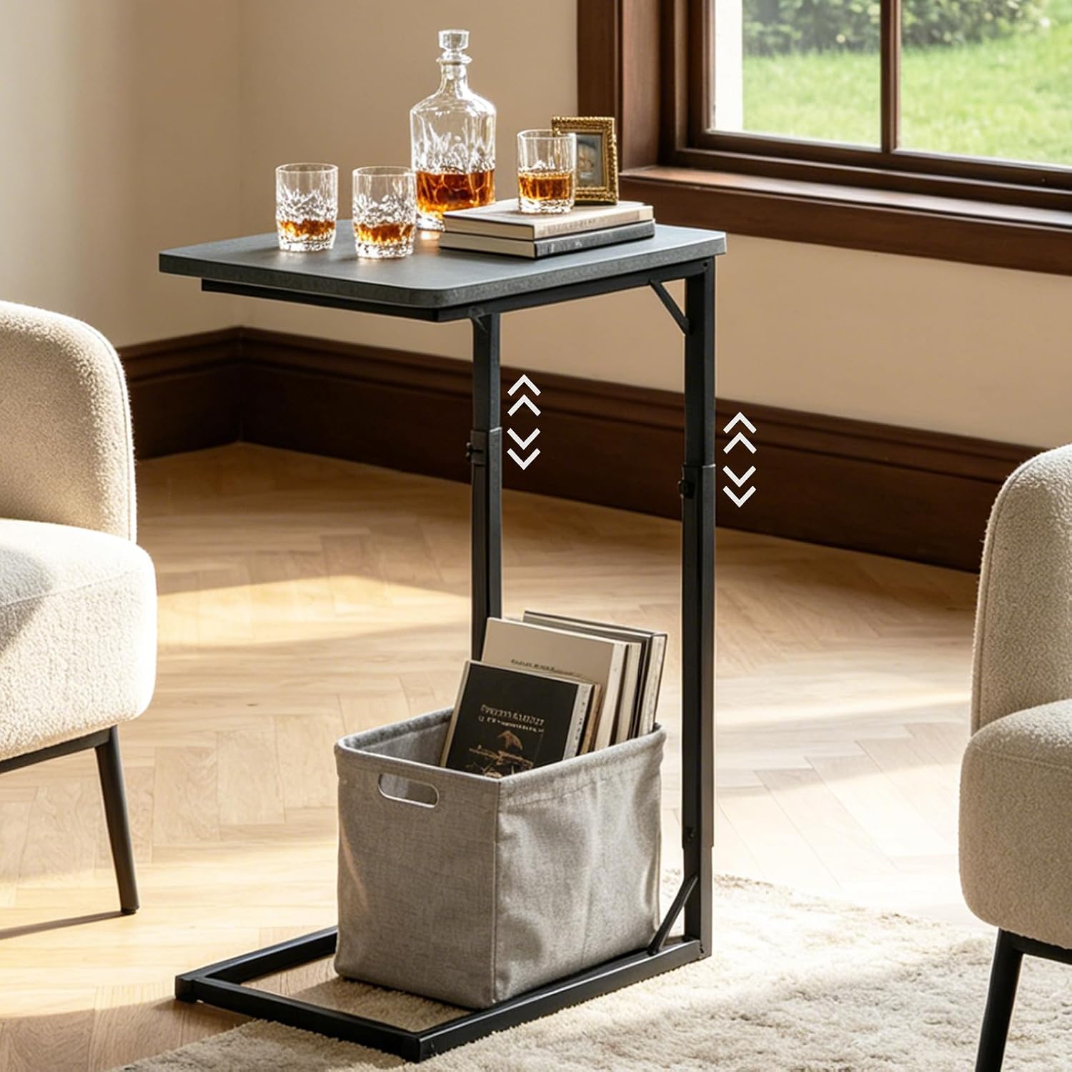 C-Shaped End Table for Couch, Adjustable Sofa Side Table with Sturdy Metal Frame, Small Space Rustic Gray TV Tray Table for Living Room, Bedroom, Bedside, Modern Functional Accent Furniture