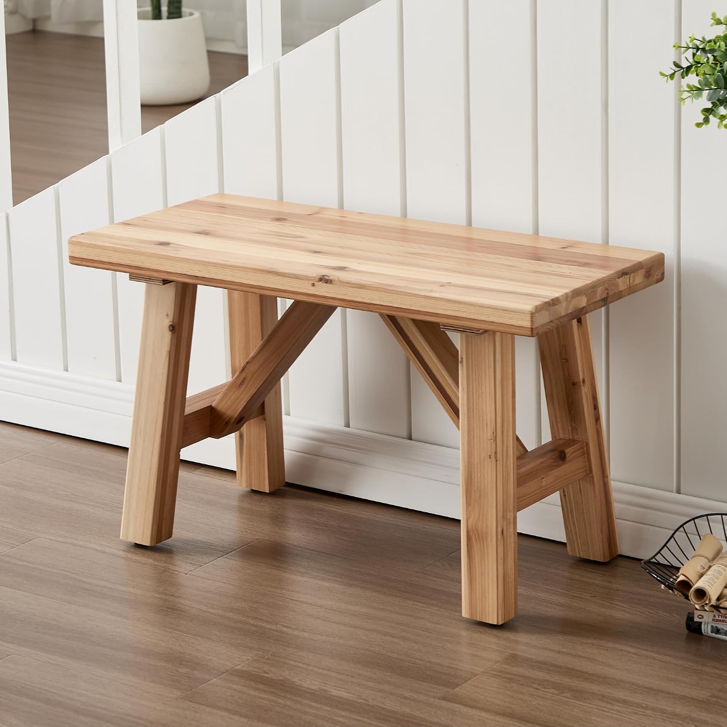 30" Entryway Bench Farmhouse Narrow Dining Bench Shoe Rack Small Wooden Benches Holds up to 300lbs for Hallway Living Room Dining Room Bedroom，1 Tier, Natural
