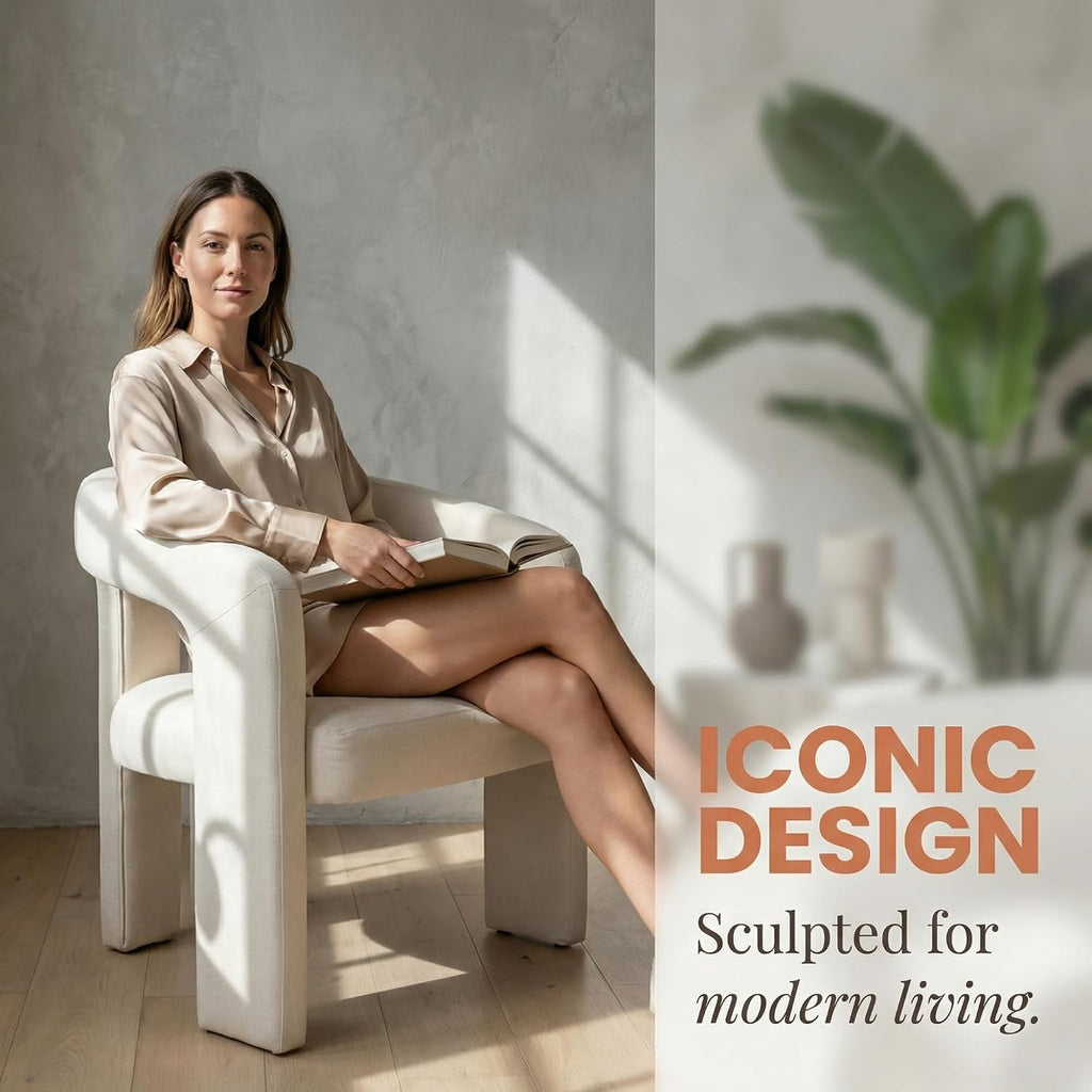 Hyfirm Upholstered Linen Barrel Dining Chairs Set of 6, Modern Accent Kitchen Chairs with Arms Comfy Side Chairs with Arms for Dining Room Bedroom Vanity Reception, Beige