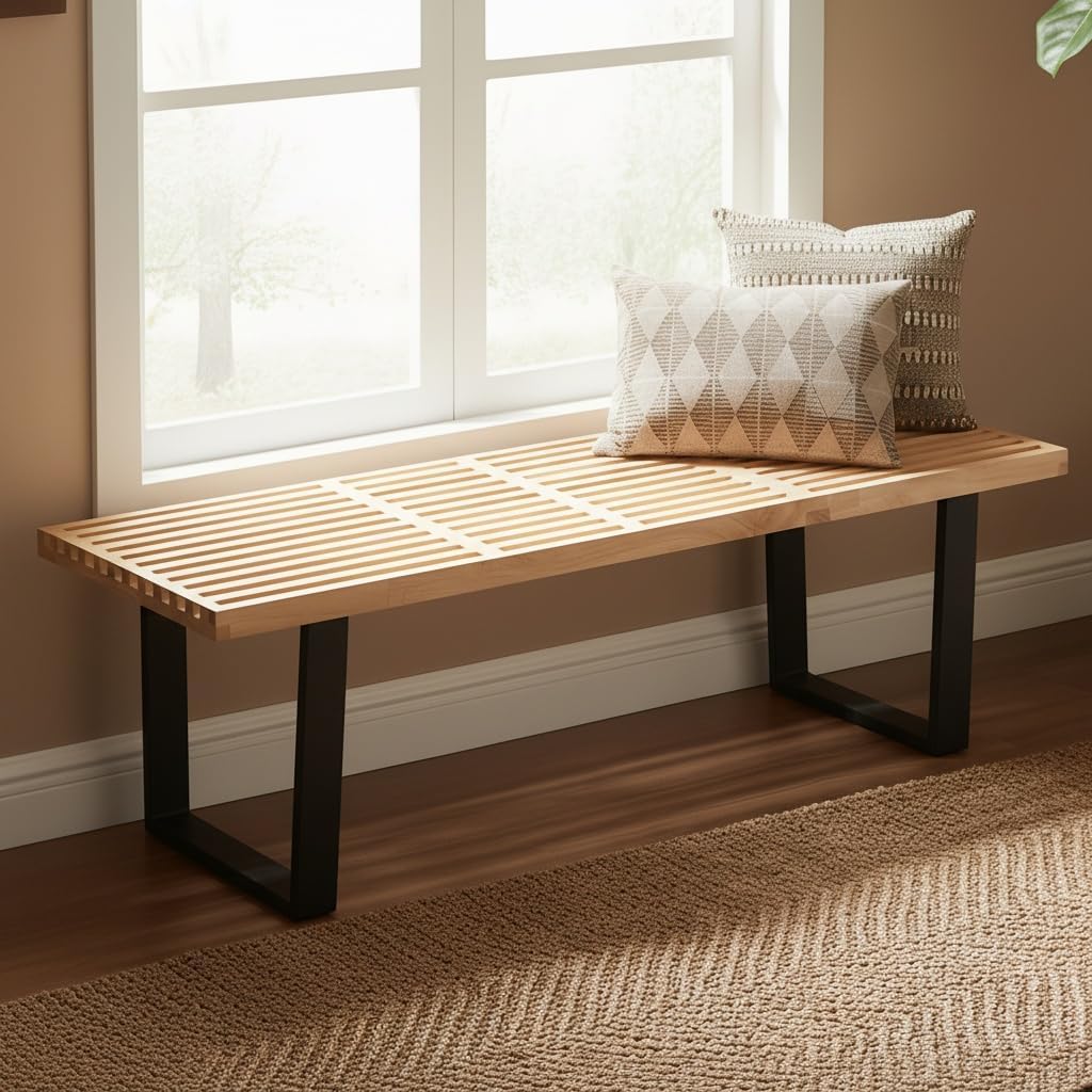 55" Natural Wood Entryway Bench, Industrial End of Bed Bench for Bedroom, Nelson Wooden Dining Bench with Black Metal Frame, Long Bench Ottoman Bench for Living Room Foyer Indoor Hallway
