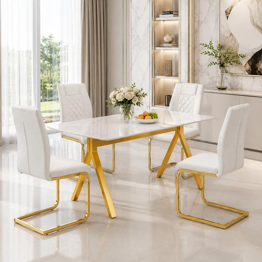 51.2 Inch Faux Marble Dining Table,Rectangular Glass Dining Table for 4-6,White Dining Room Table with Tempered Glass Tabletop and Golden Metal Legs,Luxury Dinner Table for Kitchen Apartment