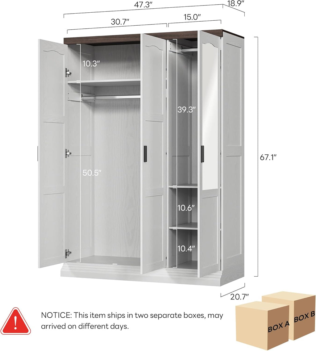 ANCTOR 3 Door Armoire Wardrobe Closet with Mirror, Large Wardrobe Closet with Doors, White Armoire for Bedroom with Hanging Rods & Shelves for Long Clothing, Short Clothing and Stacking, Modern