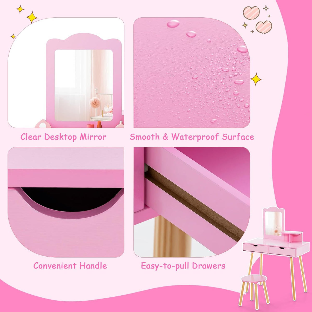 Costzon Kids Vanity Set, Girls Vanity Set with Mirror and Stool, 2 Large Drawers, Storage Shelf, Wooden Princess Makeup Dressing Table, Vanity Table and Chair Set for Toddlers (Pink)