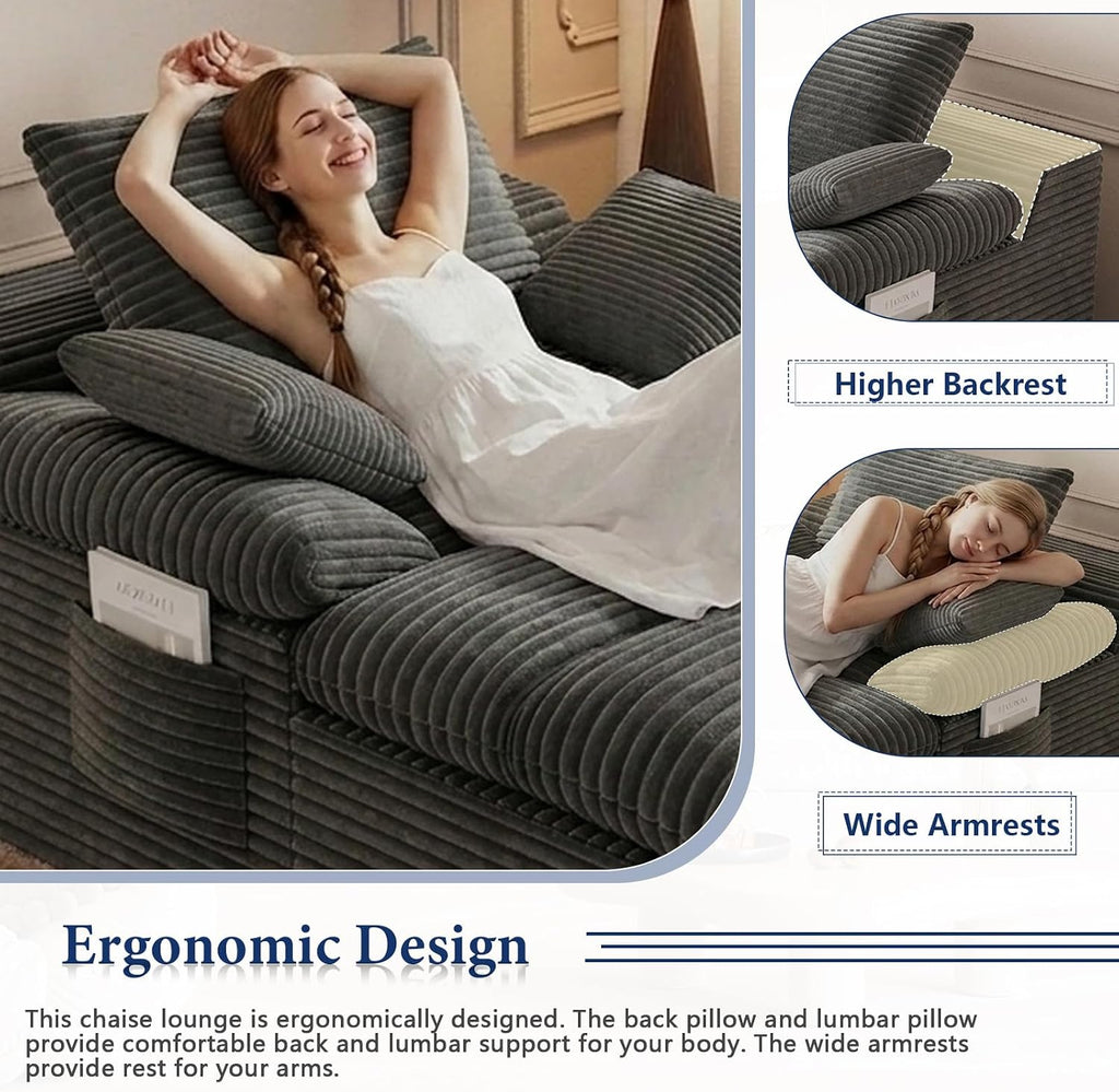 65" Chaise Lounge Chair Indoor, Oversized Chaise Lounge | No assembly | side pockets| Corduroy fabric | extra deep seat | double cushion | for living room bedroom apartment | Dark Grey