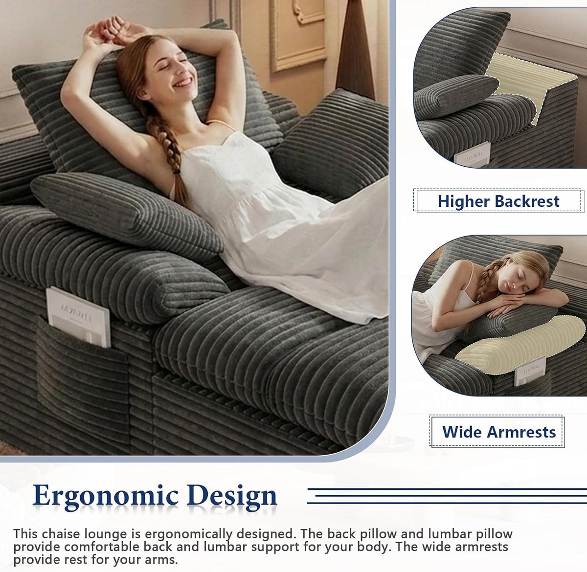 65" Chaise Lounge Chair Indoor, Oversized Chaise Lounge | No assembly | side pockets| Corduroy fabric | extra deep seat | double cushion | for living room bedroom apartment | Dark Grey