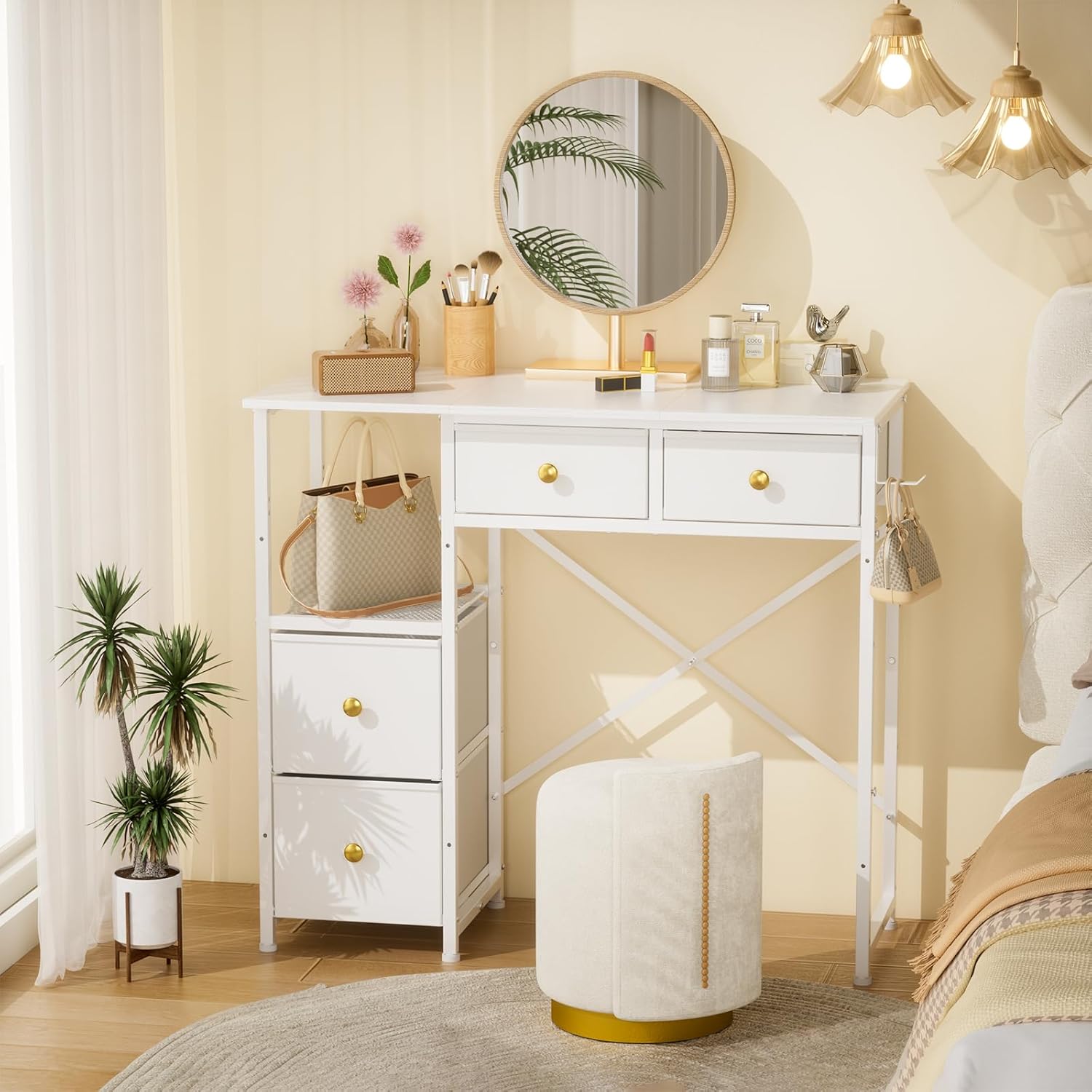 3IngSeagulls White Vanity Desk Without Mirror, Small Makeup Desk with 4 Fabric Drawers, 33.5 Inches Dressing Table with Storage, Vanity Table for Bedroom with Hook, White