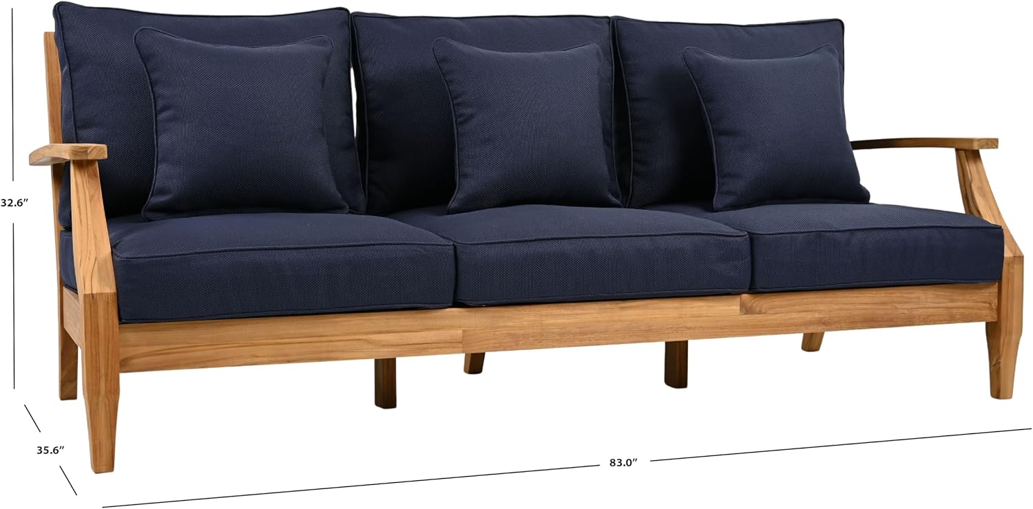 SAFAVIEH Couture Outdoor - Martinique 3-Seat Sofa - Natural & Navy - Teak Wood - Slatted Coastal Design - Ideal for Patio, Deck, Porch, Backyard, 18.3" Seat Height (CPT1013J)