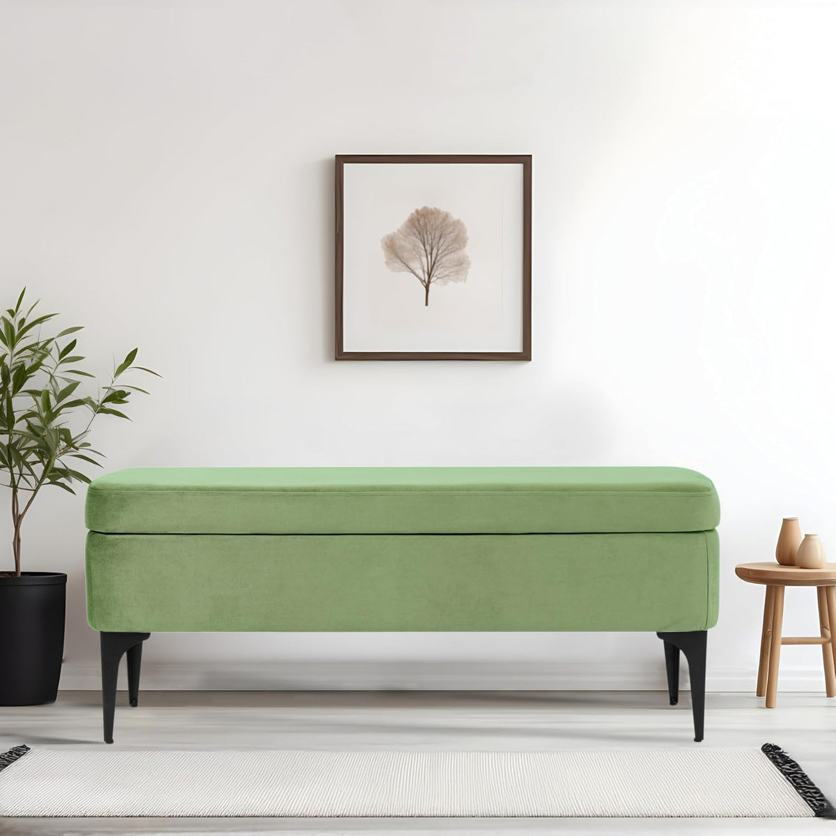 HomePop Upholstered Storage Bench with Metal Leg, 42" W, Green Velvet