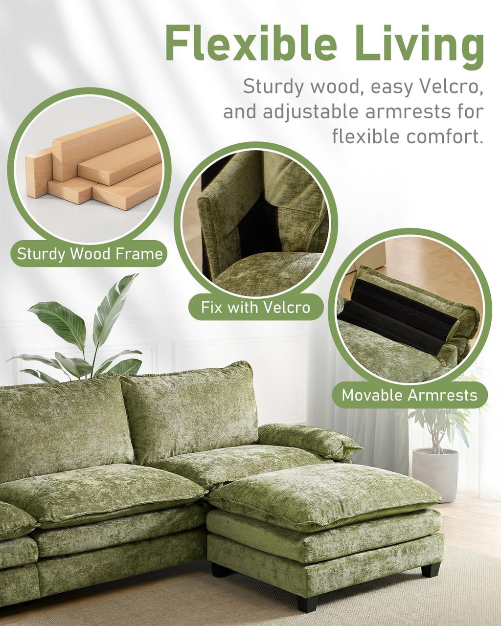 Karl home 122" 3-Seat L-Shaped Sectional Couch, Green | Movable Ottoman, Chenille Upholstered, Dual Padded, Wide Armrests, Washable Covers, For Living Room, Apartment, Office