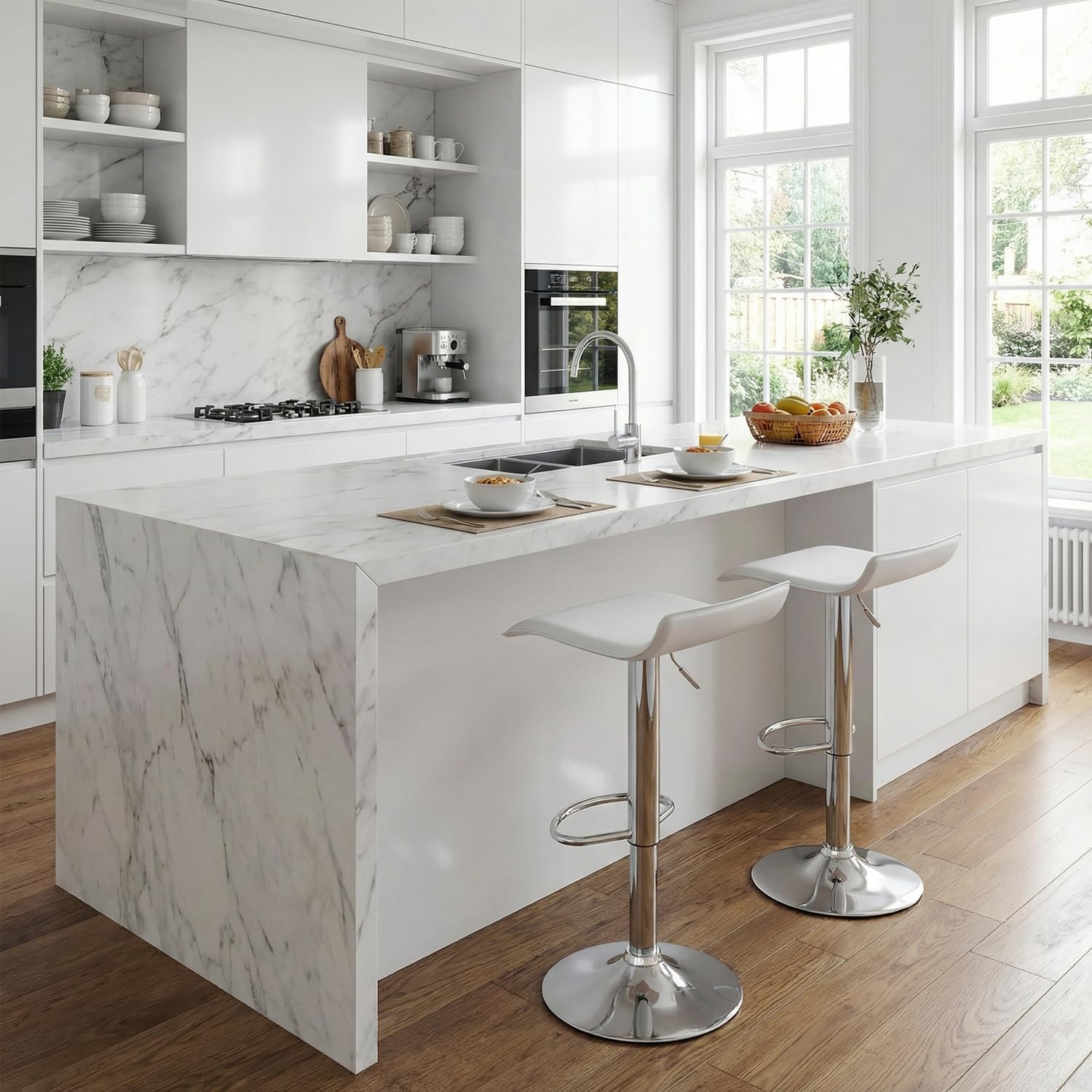 Set of 2 Barstool, Adjustable Swivel Bar Stools with PU Leather and Chrome Base, Gaslift Pub Counter Chairs, White | Swivel, PU Leather, Chrome Base, Gas Lift, Ideal for Kitchen, Home Bar, Pub, Kitchen Island